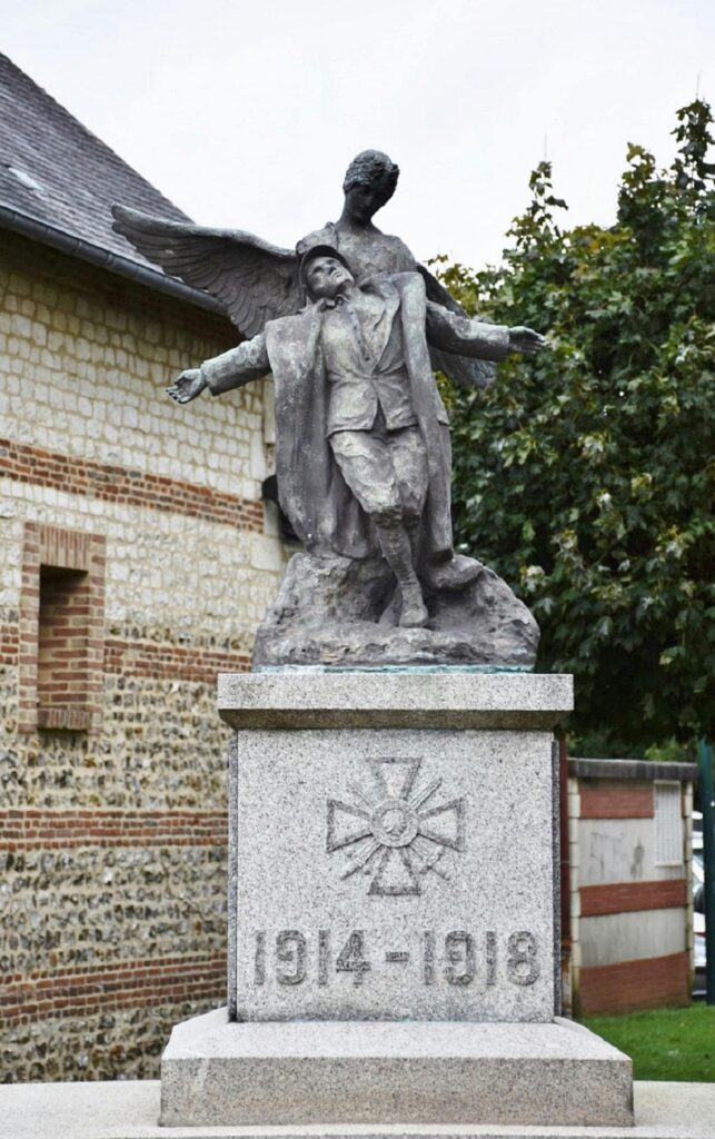 Statue commemorating World War I soldiers in Goderville, Normandie, France.